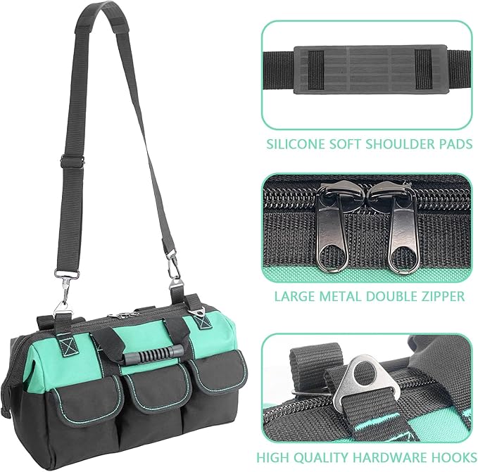Women Heavy Duty Tool Bag with Molded base,Garden Storage Organizer for Tools,16 x 7.5 x 10.5 inches,600D Polyester Fabric(Teal)