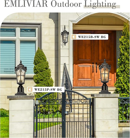 Emliviar Vintage Outdoor Lighting Fixture Wall Sconces with Water Ripple Glass, 17.5" Front Porch Wall Lantern, Black Finish with Gold Edges, WE215B-SW BG