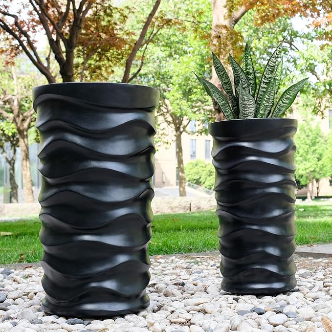 Tall Planter Outdoor Indoor, 2 Pack Extra Large Plant Pots 20" 18" H Tall Large Tree Planter-Modern Matte Wavy Flower Pot for Indoor Outdoor Proch Decor (Black)