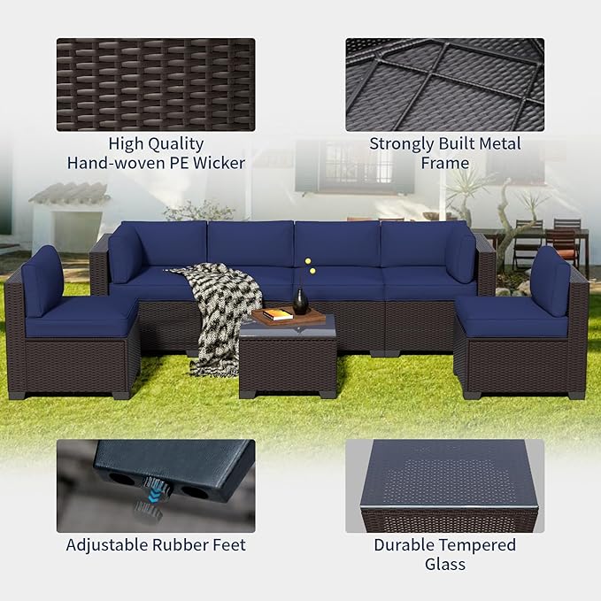 7-Piece Outdoor Sectional Patio Furniture Set, All-Weather Wicker Rattan Sofa w/Thick Washable Cushions & Tempered Glass Table, Perfect for Garden, Poolside, Backyard (7, Darkbrown&Navy Blue)