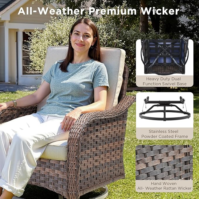 Patio Wicker Chairs Swivel Rocker Outdoor Rocking Chairs Set of 3 Rattan Furniture Set with Thick Cushion for Balcony Deck Backyard, Beige