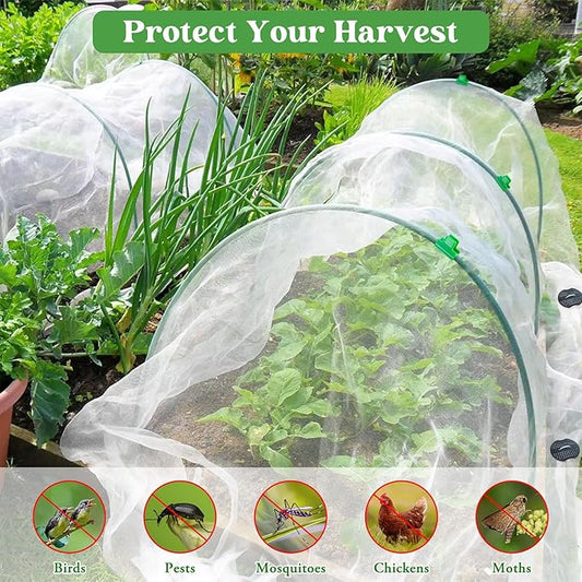 Unves 67 Pcs Garden Netting Kit, 10x25 Ft Ultra Mosquito Bird Netting with 6 Hoops & 12 Clips, Fruit Tree Netting for Patio Raised Beds Vegetable Flowers Protection Barrier Plant Covers Net