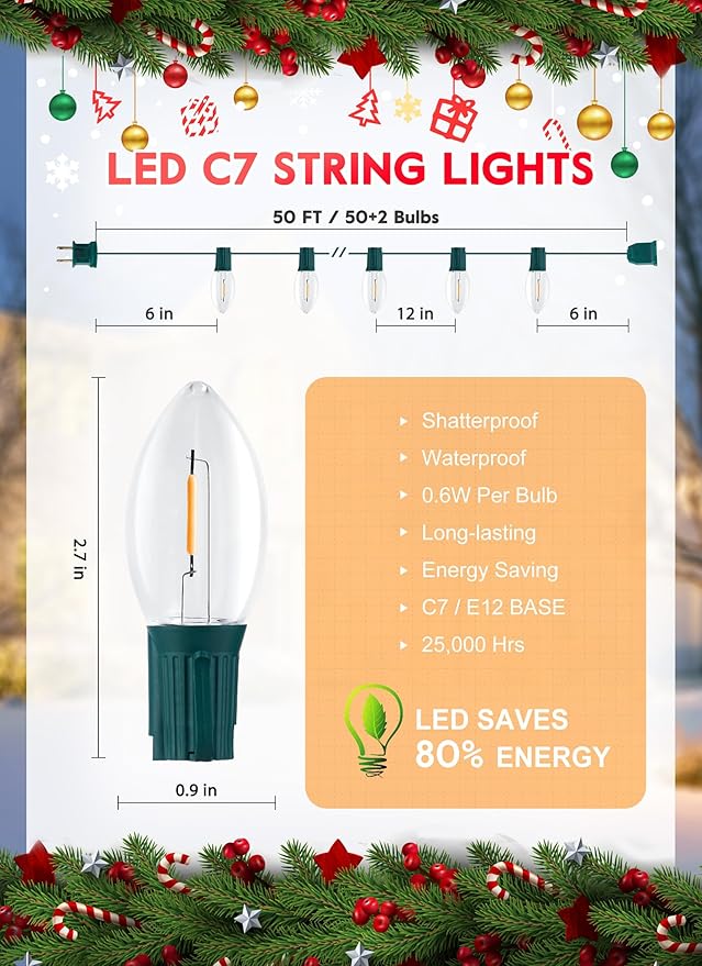 50FT C7 Clear LED Christmas String Lights Outdoor, Commercial Connectable Christmas Lights with 50+2 Bulbs(2 spare), Hanging Christmas Tree Lights for Xmas Holiday Party Roofline Backyard Decor