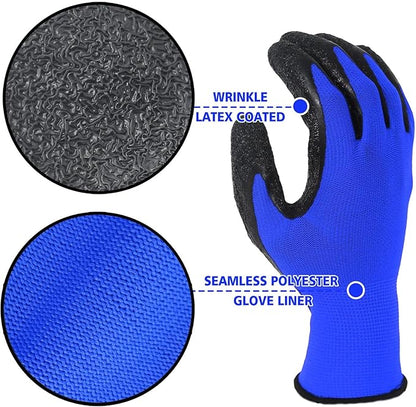 Evridwear Crinkle Latex Rubber Hand Coated Safety Work Gloves for Men Women General Multi Use Construction Warehouse Gardening Assembly Landscaping,X-Large Blue 120 Pairs Pack