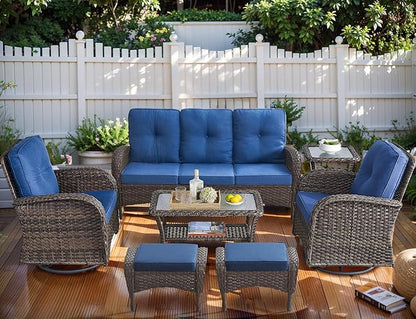 HUMMUH 7-Piece Outdoor Patio Furniture All-Weather PE Wicker Outdoor Conversation Set-Patio Couch Swivel Rocker Chairs with Ottomans Tables for Backyard,Poolside,Deck