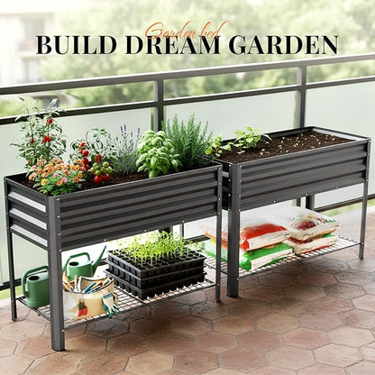 KING BIRD Large Raised Garden Bed with Legs & Storage Shelf Galvanized Elevated Planter Box for Backyard, Patio, Balcony, 400lb Capacity, Dark Grey 48×24×31.5 in