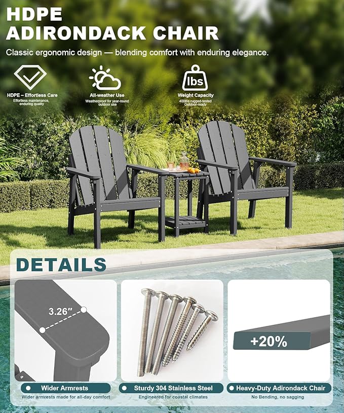 Adirondack Chair Set of 6, All Weather HDPE Fire Pit Chairs, Oversized Plastic Adirondack Chair for Outdoor, Balcony, Deck, Backyard, Patio, Garden, Poolside, Lawn Grey