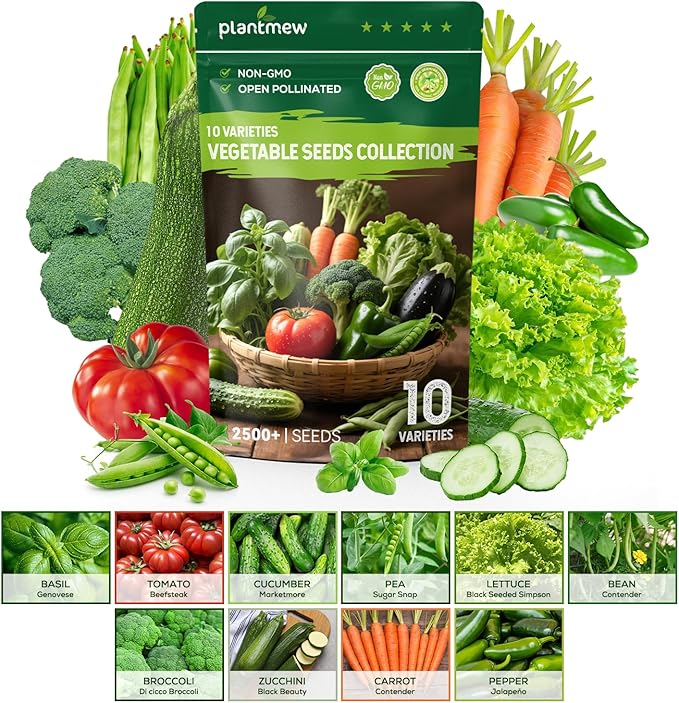 10 Vegetable Seeds Pack - Heirloom - Basil, Snap Pea, Broccoli, Bean, Jalapeño Pepper, Tomato, Lettuce, Cucumber, Carrot, Zucchini Seeds for Planting Home Garden