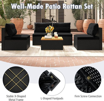 RELAX4LIFE 5-Piece Wicker Outdoor Furniture - PE Rattan Sectional Conversation Set w/4 Armless Sofas & Acacia Wood Coffee Table, Cushioned Patio Sofa Set for Garden Poolside Backyard Porch (Black)