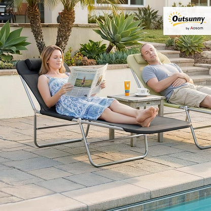Outsunny Folding Chaise Lounge Pool Chairs, Outdoor Sun Tanning Chairs with Pillow, Reclining Back, Steel Frame & Breathable Mesh for Beach, Yard, Patio, Black