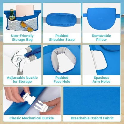 #WEJOY Folding Tanning Chair with Face Hole, 5 Positions Face Down Beach Lounge Chairs with Pillow for Outside Sunbathing Poolside (Blue)