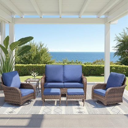 Wicker Patio Furniture Set, 6 Pieces Outdoor Wicker Sofa with Swivel Patio Chairs, Glass Side Table, Ottomans, All Weather High Back Rattan Loveseat Couch with Comfy Cushions, Brown/Blue