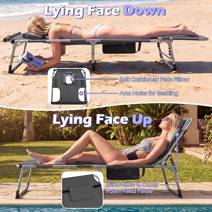 GYMAX Tanning Chair, 330LBS Beach Lounge Chair with Face Arm Hole & Hand Shoulder Strap, Folding Layout Sunbathing Chair, Face Down Outdoor Chaise Lounger for Patio, Poolside, Lawn, Backyard (2, Grey)