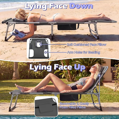 GYMAX Tanning Chair, 3 in 1 Sun Bathing Lounge Chairs with Face/Arm Holes & Side Pocket, Portable Lightweight Face Down Layout Tanning Chair for Outside, Beach, Backyard, Poolside (1, Grey)