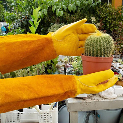 Thorn Proof Gardening Gloves for Men & Women, Long Cowhide Leather Rose Pruning Gloves with Forearm Protection, Puncture Resistant Gauntlets for Cacti, Blackberries & Yard Work(Butter Yellow,Small)
