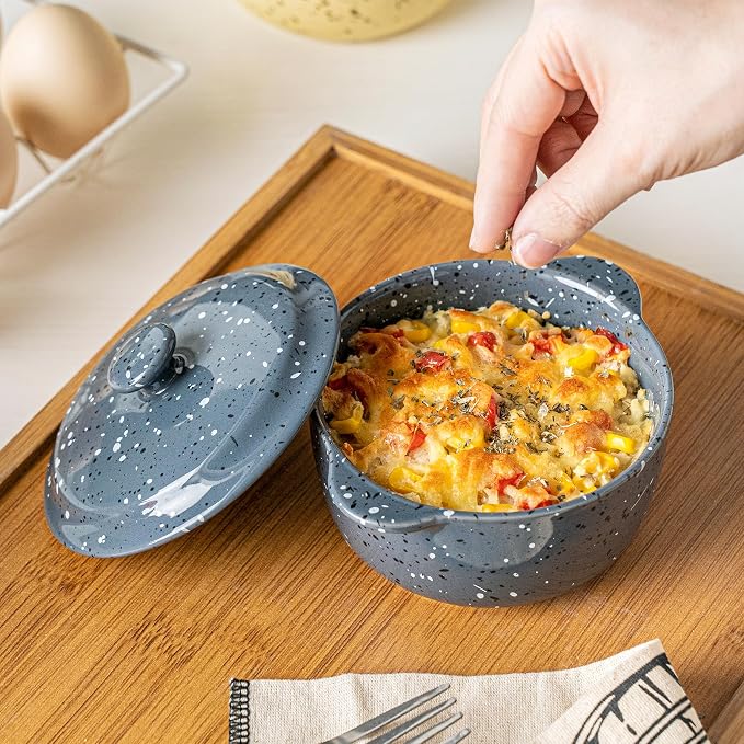 Individual Serving Pot Set of 4-10 Oz Ceramic Mini Cocotte with Handles & Lids - Great for Souffle, Soup, Cobbler, Stoneware Baking Ramekins, Oven Compatible,Gray