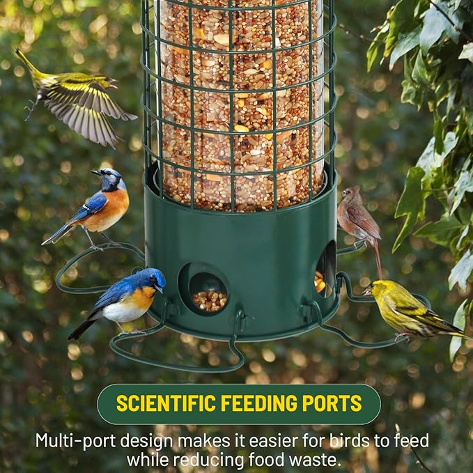 Squirrel Proof Bird Feeder, Weight Activated Outdoor Hanging Metal Bird Feeder, Bite Proof, Weatherproof, Durable, Suitable for Chickadees, Goldfinches, Cardinals, 4.4LB Large Capacity, Green