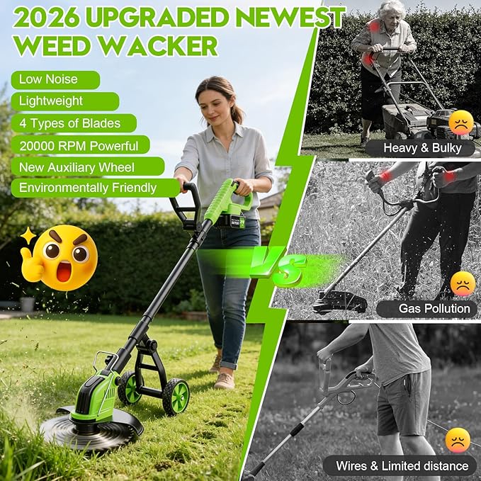 20000 RPM Electric Weed Wacker Cordless, 12″ Brushless Weed Eater Battery Powered with Wheel, 4-in-1 Grass Trimmer/Brush Cutter/String Trimmer, Lawn Mower Edger Stringless Weed Trimmer, 2 Battery Tool