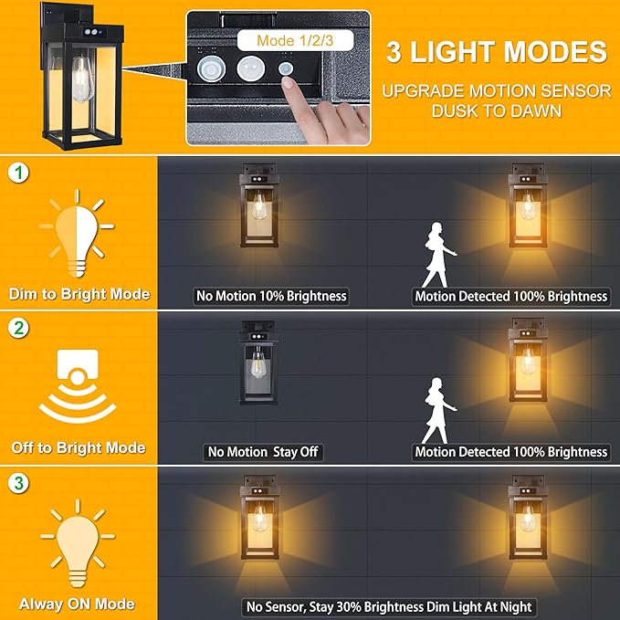 Solar Wall Lights Outdoor, Solar Sconce Lantern with 3 Lighting Modes & Motion Sensor, Porch Light Fixture Outside Waterproof with Clear Panel for Garage Yard Front Door Shed (2 Pack)