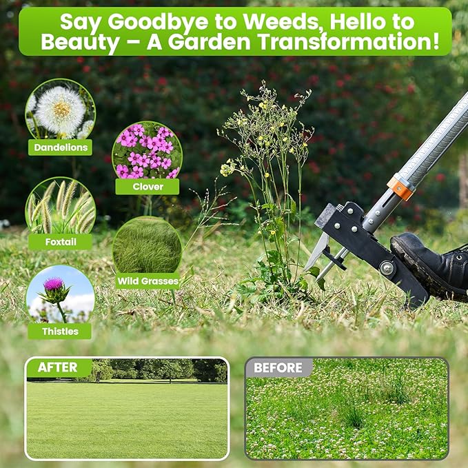 Weed Puller Tool - Stand Up Weed Puller with 4-Claw Steel Head, 39"-46" Retractable Handle & Easy-Eject Mechanism for Dandelions, Clover & More, No Bending or Kneeling