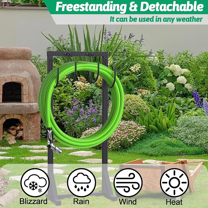 Heavy Duty Garden Hose Holder – 4-Hook Outdoor Water Hose Holder with 4 Reinforcing Spikes, Durable Hose Holder Organizer for Yard & Lawn