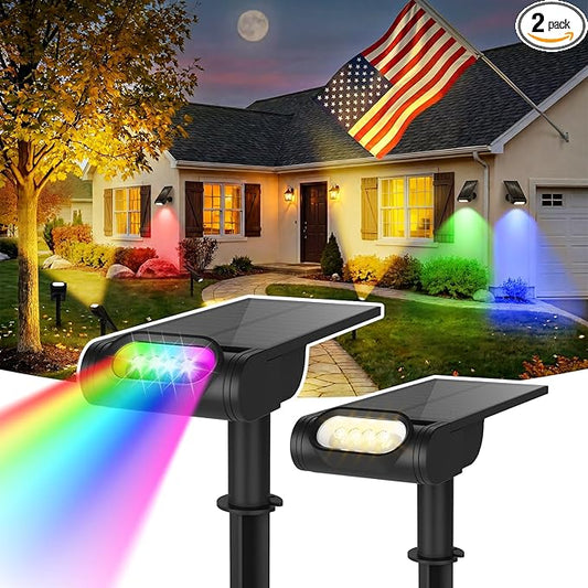 Solar Spot Lights Outdoor, Waterproof IP67 12 Color Modes Landscape Light with Remote, 2-in-1 Color Changing/Cool/Warm White Solar Lights Outdoor for Yard Trees Garden Pool Multicolor, 2 Pack