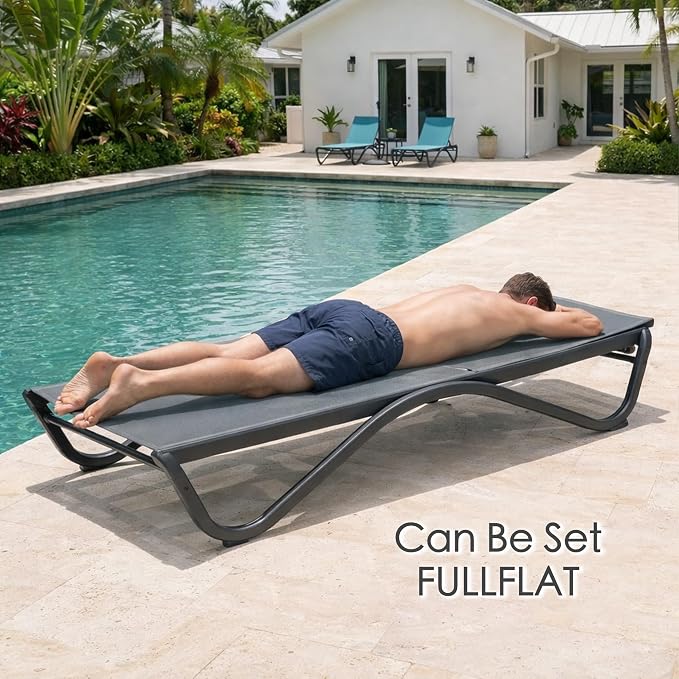 Kozyard Outdoor Chaise Lounge Chair, All Aluminum Frame and Textilene Fabric, Fully Flat Adjustable Reclining Patio Lounger for Poolside, Sunbathing & Backyard, Gray, 2Chairs + Table