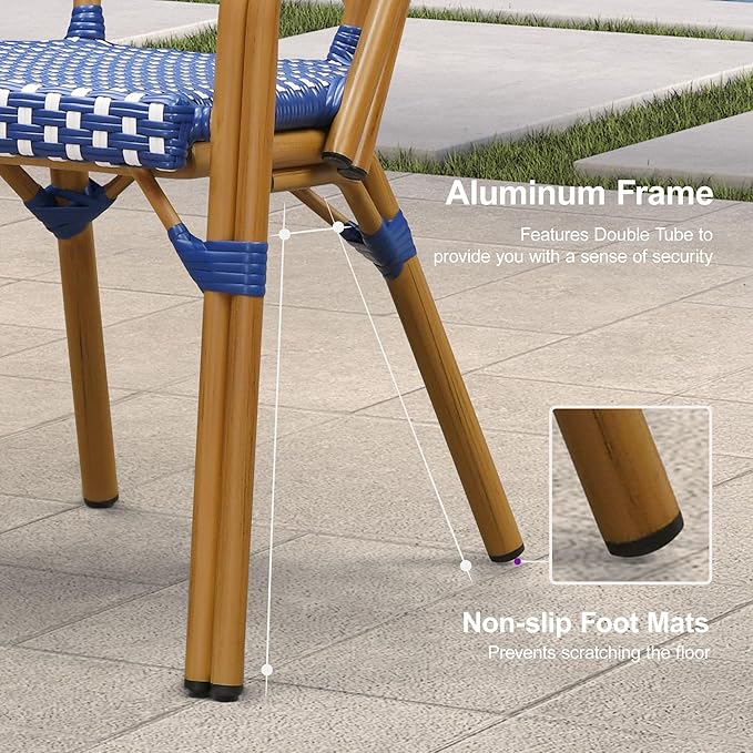 PURPLE LEAF French Bistro Chairs Set of 2 Aluminum Wicker Rattan Hand-Woven Armchairs Outdoor Dining Chairs for Patio Kitchen Garden Bamboo Print Finish Deep Blue