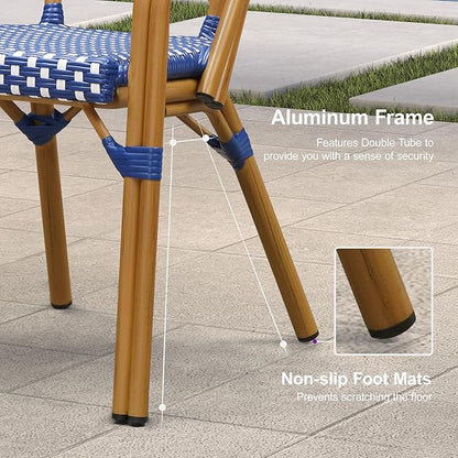 PURPLE LEAF French Bistro Chairs Set of 2 Aluminum Wicker Rattan Hand-Woven Armchairs Outdoor Dining Chairs for Patio Kitchen Garden Bamboo Print Finish Deep Blue