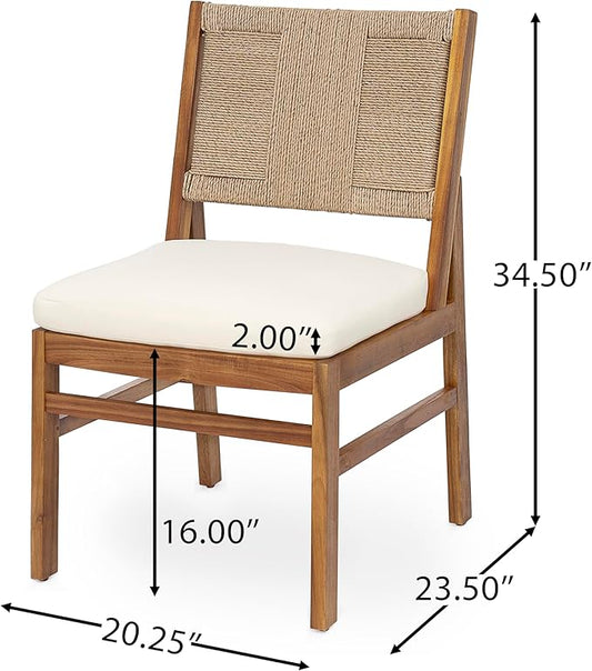 Christopher Knight Home Alan Outdoor Dining Chairs Set of 2, Wicker Woven Back Dining Chairs, Cushion Armless Chair, H Shaped Design Back, Acacia Wood Chair for Patio Poolside Garden, Teak+Cream