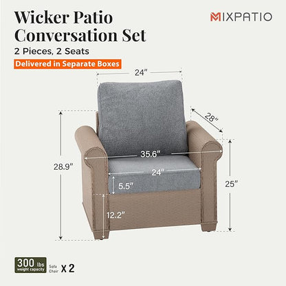 Patio Furniture Set 2 pcs, Wicker Outdoor Patio Furniture, 2 Single Chairs, Rattan Patio Conversation Set for Backyard Deck, Grey