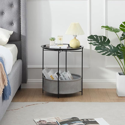 VECELO Round Side/End Table with Fabric Storage Basket，Metal Anti-Rust and Waterproof Small Bedside Nightstand with Removable Tray Top for Living Room，Balcony & Laundry，Black /2pcs with Basket