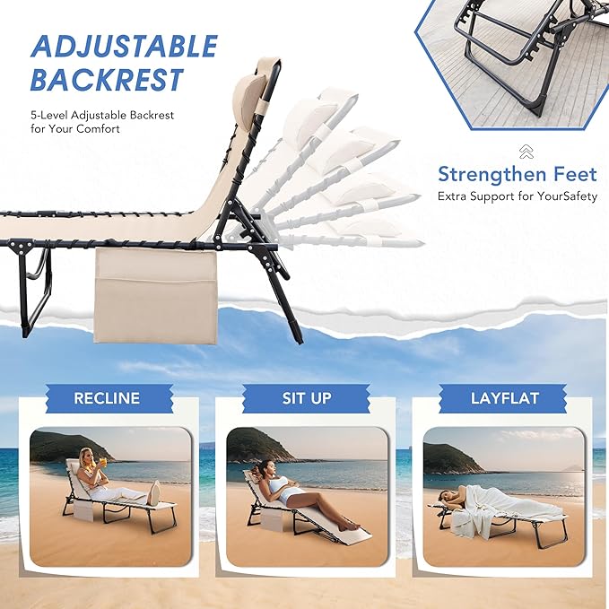Flamaker Foldable Chaise Lounge Chair 5-Position Adjustable, Tanning Chair with Side Pocket, Outdoor Sunbathing for Pool, Beach, Patio, Lawn, Indoor Recliner Chair for Napping(Beige, 1 Pcs)