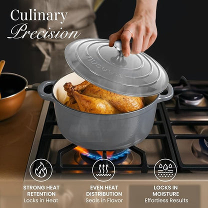 Cast Iron Pot with Lid-Non-Stick Ovenproof Enamelled Casserole Pot, Oven Safe up to 500° F-Sturdy Dutch Oven Cookware - Grey, 5-Quart, 24cm-by Nuovva