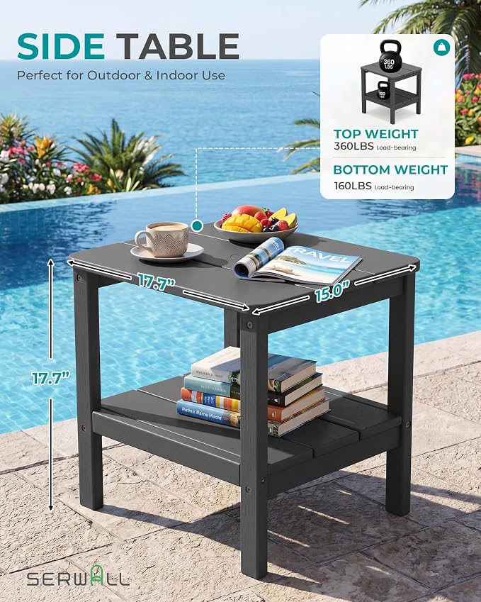 SERWALL Double Layer Adirondack Side Table with Umbrella Hole, HIPS Outdoor Side Table Rectangular End Tables for Patio, Poolside, Garden, Gray