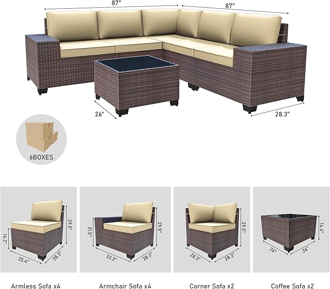 12PCS Outdoor Patio Furniture Set,PE Rattan Wicker Patio Conversation Set with Washable Cushions & Glass Coffee Table,Patio Sectional Furniture Set for Garden, Poolside, Backyard,Sand