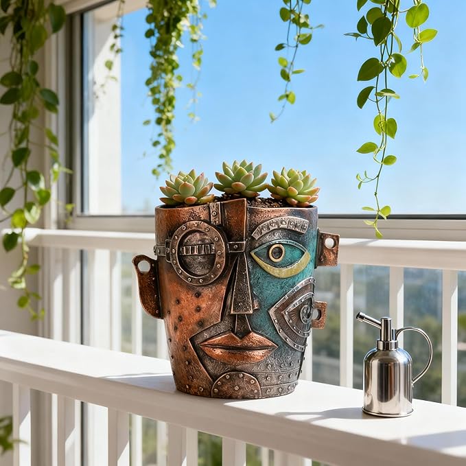 Abstract Face Planter Pot, Hand-Painted Resin Flower Pot with Top Opening for Planting, Decorative Planter for Indoor Plants, Art Accent Flowerpot Decor