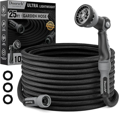 Garden Hose, Flexible Ultra Lightweight Durable, Kink-Free Water Hose with 10 Function Sprayer - Non-Shrinking, Easy to Store, All-Weather, High-Pressure, Black (25 FT)