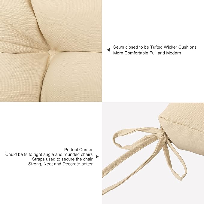 ARTPLANT Outdoor Dinning Seat Pads Cushions with Tie 19"x19"x4",Square Wicker Outdoor Tufted Chair Cushion,Set of 2,Beige