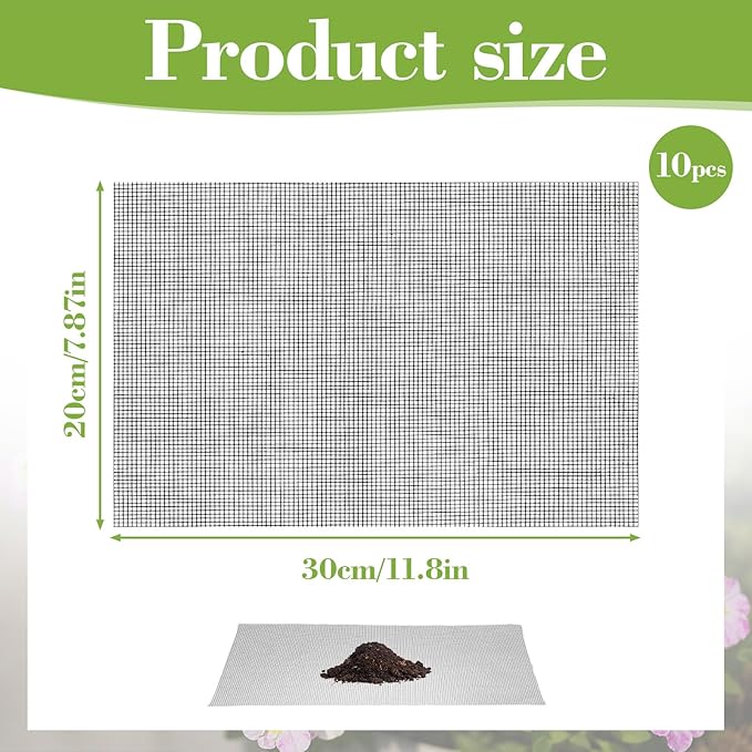 Grevosea 10PCS Black PVC Flower Pot Hole Mesh Pads, 11.8x7.8 Inch Bonsai Drainage Screens for Preventing Soil Leakage Flower Pot Bottom Plant Screen Mesh for Garden Outdoor Potted Plants