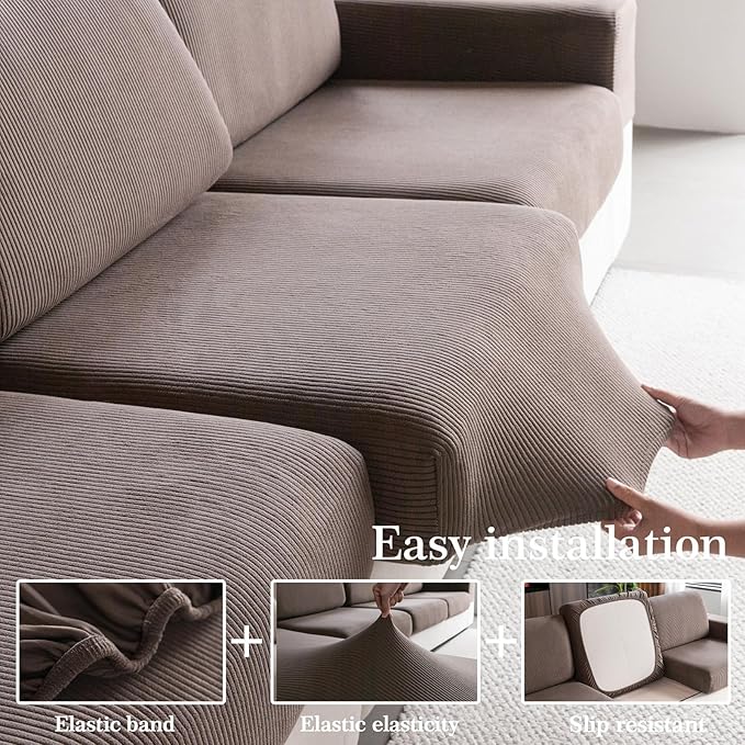OHSIO Sectional Couch Covers, Wear Resistant Stretch Sofa Covers Washable Soft Couch Cushion Covers Anti Slip Furniture Protector Sofa Slipcovers for Pets (1 Piece Large Cover, Brown)