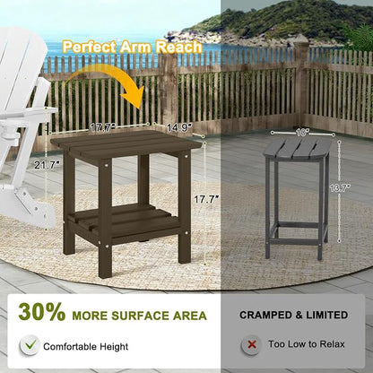 Set of 2 Adirondack Outdoor Side Table, 2-Tier Small Patio End Table, Weather Resistant HDPE Outdoor End Tables for Garden, Lawn, Pool, Beach, Porch, Deck, Backyard - Square, Dark Brown