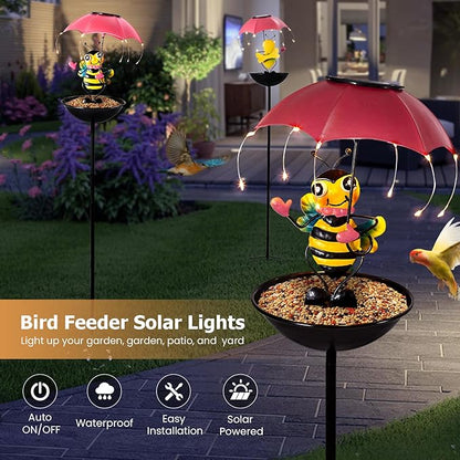 Solar Bird Feeder Garden Decor, Outdoor Bee Solar Lights with Umbrella, Hummingbird Feeder Decorative Path Lights Yard Art Ornament Bird Feeder (bee)