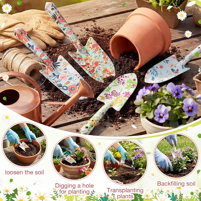 24 Pcs Floral Garden Shovels Bulk Gardening Gift for Women Heavy Duty Garden Tools Floral Hand Shovel for Mom Employees Birthday Thank You Gifts (Green Watercolor Flowers)
