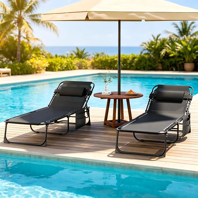 Outdoor Lounge Chair, Foldable Reclining Chaise Lounge with Detachable Pillow & Side Pocket, 4-Position Recliner Tanning Chair for Beach, Pool, Lawn, Backyard, Black, 2 Packs