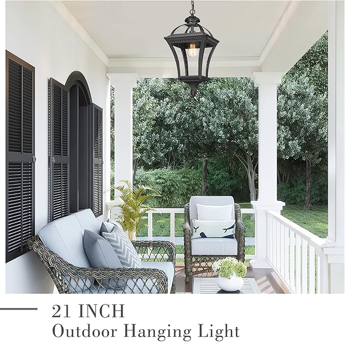 Emliviar Farmhouse Outdoor Pendant Light for Porch, 21" Industrial Large Hanging Lantern Light for Outside Patio with Seeded Glass, Black Finish, XE266H BK