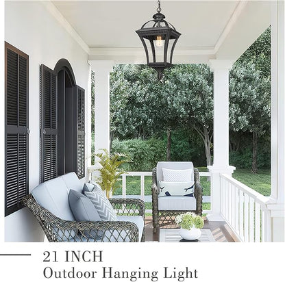 Emliviar Farmhouse Outdoor Pendant Light for Porch, 21" Industrial Large Hanging Lantern Light for Outside Patio with Seeded Glass, Black Finish, XE266H BK