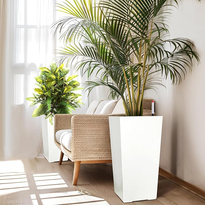 2 Pack Tall Self-Watering Planter Pots with Water Level Indicator, 12"l x 12"w x 22.5"h, Modern Flower Pots with Inner Bucket Handles and Water Injection Port for Indoor Outdoor Plants, White