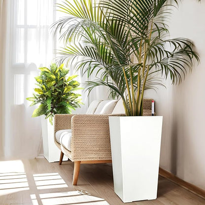 2 Pack Tall Self-Watering Planter Pots with Water Level Indicator, 12"l x 12"w x 22.5"h, Modern Flower Pots with Inner Bucket Handles and Water Injection Port for Indoor Outdoor Plants, White