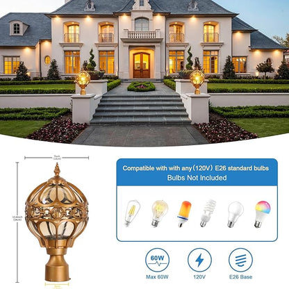 Globe Outdoor Post Light for Lawn Porch Garden Pathway Patio, Brass Waterproof Pier Mount Lamp Post Light Fixtures, Aluminum Post Lantern, Sphere Post Pole Light(1 Pack)
